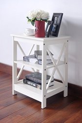 Raamzo White Finish Wooden X-design Chair Side End Table With 3-TIER Shelf