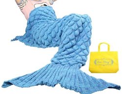 Sun Cling Handmade Soft Crochet Mermaid Blankets Blue Knitted Pattern Seasons Sleeping Blankets Adult For Women Girls Teens