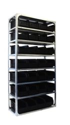 8 Level Bolted Shelving Bay With 24 Black Store Bins Galvanized