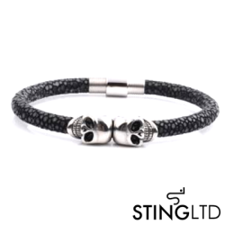Black Stingray Leather Skull Stainless Steel Bracelet - Medium 19CM