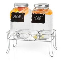 Outdoor Glass Beverage Dispenser 2 Pack With Sturdy Metal Base Hanging Chalkboards & Stainless Steel Spigots - Double Drink Dispensers For Lemonade Tea Cold Water & More