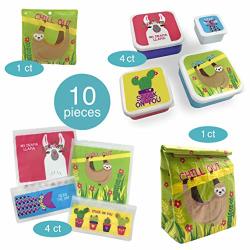 So-mine Lunch Bag Kit 10 Piece - Reusable Lunch Bag - 4 Reusable Sandwich Bags - 4 Storage Containers - 1 Ice Pack - Sloth