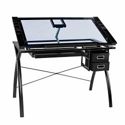 Bahom Adjustable Drafting Table Glass Top Art Drawing Craft Desk With 2 Drawers Perfect For Artwork And Design Black