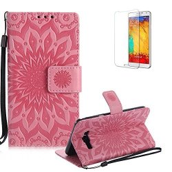 Funyye Strap Magnetic Flip Cover For Samsung Galaxy J7 2016 Premium Pink Embossed Sunflower Pattern Folio Wallet Case With Stand Credit Card Holder Slots