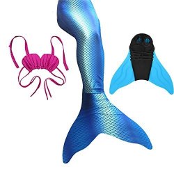 Mermaid Tails For Swimming With Monofin Girls Boys Kids Adults Swimwear Swimming Costumes 3PCS Blue Mermaid Tail+top+monofin 4-5 Years