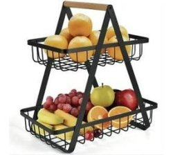 2 Tier Creative Metal Wire Vegetable Fruit Storage Basket With Wooden Handle