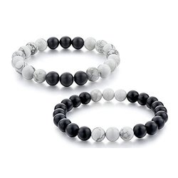 Looyar Couples Bracelet His And Hers Distance Bracelet Black Matte Agate & White Howlite 8MM Beads Bracelet 5