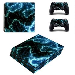 Eseeking Full Body Protective Vinyl Skin Decal For PS4 Pro Console And 2PCS PS4 Pro Controller Skins Stickers Cyan Lightning