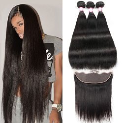 Cynosure Hair Straight Frontal 8A 100% Unprocessed Virgin Brazilian Human Straight Hair 3 Bundles With Lace Frontal Closure 13X4 With Baby Hair Natural Black Color 12 14 16+10INCH Frontal