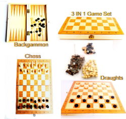 3-in1 Wooden Folding Chess Set - Chess Draughts And Backgammon