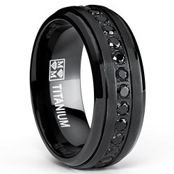 Men's Stealth Black Titanium Wedding Band Ring With Black Cubic Zirconia Cz Size 7