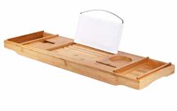 DOZYANT Bamboo Luxury Bathtub Caddy Tray Organizer With Extendable Sides And Adjustable Stainless Steel Book pad Holder Perfect For Majority Size Of Tubs