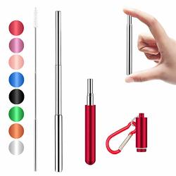 Senneny Telescopic Reusable Straws Stainless Steel Metal Drinking Straw Portable Collapsible Straw With Travel Case Cleaning Brush Keychain Red