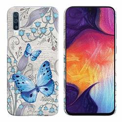 Fincibo Case Compatible With Samsung Galaxy A50 6.4 Inch 2019 Back Cover Hard Plastic Protector Case Stylish Design For Galaxy A50 - Vintage Watercolor Blue Butterfly