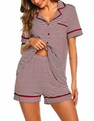 Ekouaer Womens 2 Piece Classic Cotton Long Sleeve Button-down Soft Striped Pajama Set Wine Red Striped M