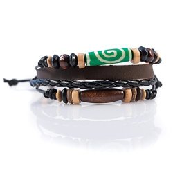 Moneta Jewelry Handmade Tribal Artisan Craft Multi Strand Bracelet Genuine Leather Fashion Accessory Green white Bead