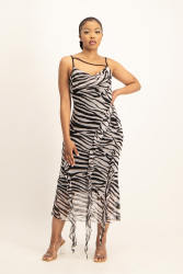 Keira Cowl Neck Ruffle Dress - Black Zebra Print - M