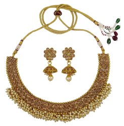 Beautiful Gold Tone Kundan Cz Stone 2PC Necklace Earring Set New Temple Jewelry IMOJ-BNS78A