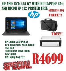 Hp Amd 15.6" 255 G7 Laptop With Hp Laptop Bag And Ricoh SP112 Printer