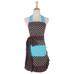 2016 Floral Pattern Double Layer Women Cooking Baking Kitchen Apron 100% Cotton Garden Apron With Pockets Great Gift For Wife Ladies Brown Ground With Blue Polka Dot