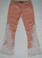 Designer Jean - Pink Denim With White Lace Inserts & Butterfly Detail - Size 10 Bootleg