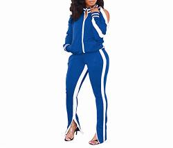 XUAN2XUAN3 Womens 2 Piece Outfit Set Jogger Two Piece Tracksuit Sweatsuit Zipper Jacket And Stripe Long Sweat Pant Blue