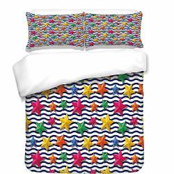 3PCS Duvet Cover Set Nautical 3D Stylized Colorful Stars And Blue Wavy Stripes Marine Theme Starfish Graphic Art Multicolor Best Bedding Gifts For Family friends