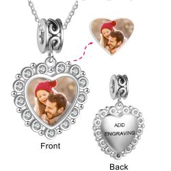 CNE103622 - 925 Sterling Silver Personalized Photo Cz Heart Charm Necklace
