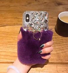 Losin Plush Case Compatible With Apple Iphone Xr Case Fashion Luxury Cute Fuzzy Furry Plush Fluffy Fur Bling Diamond Gemstone 3D Wings Metal Ring