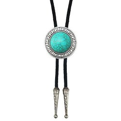 Leather Lanxy Vintage Native American Western Round Celtic Blue Stone Turquoise Bolo Tie Genunie Rope