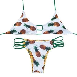 Axchongery Bikini Set Brazilian Criss Cross Beachwear Pineapple Bandage Swimsuit White M