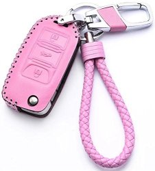 Pink Leather Cover Etui Shell For Volkswagen Vw Skoda Seat 3-BUTTON Keyless Entry Remote Flip Car Key Fob Holder Protective Case Bag With Braided