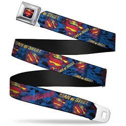 Buckle-down Seatbelt Belt - Superman Man Of Steel Shield Collage rays Black blues reds yellows - 1.5" Wide - 32-52 Inches In Length