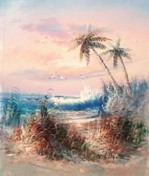 Palms At Sea By S Thompson. Oil On Canvas 26 X 21 Cm.