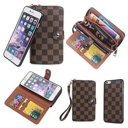 All In One Iphone 6+ Case Iphone 6S Plus Cover 5.5" Dark Brown Check With Multi Pockets Card Holder Hand Strap MINI Bag Classic