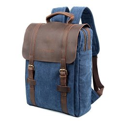 Grey Gravel Canvas Backpacks Vintage Rucksack Casual Leather Travel Bag Daypacks 15" Laptop For College School Bookbag Dark Blue