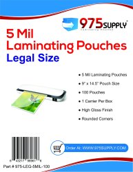 975 Supply - 5 Mil Clear Legal Size Thermal Laminating Pouches - 9" X 14.5" - 100 Pouches