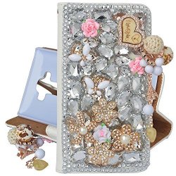 Spritech Tm Bling Phone Case For Samsung Galaxy S6 Edge Plus 3D Handmade Silver Crystal White Flower Butterfly Accessary Design Pu Leather Stand Folding With