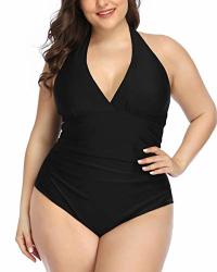 Daci Women Plus Size Swimwear One Piece Swimsuits Halter Ruched Tummy Control Black