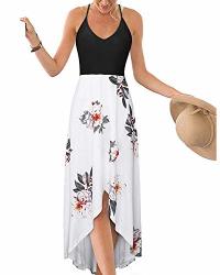 Twinklady Women's V Neck Summer Sleeveless Patchwork Asymmetrical Floral Maxi Dress
