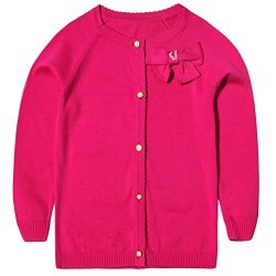 Little Lymanchi Girls' Pearl Bow Long Sleeve Button Front Knit Cardigan Sweater Rose Red 3T