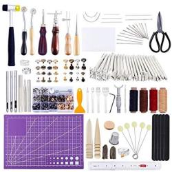 183PCS Leather Kit Leathercraft Working Tool Kit With Saddle Making Tools Set Leather Rivets Kit Prong Punch Leather Hammer For Leather Working Leather Making