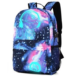 Backpack School Cool Luminous School Bag Travel Daypack Galaxy Laptop Bag With USB Charger Port Pencil Bag For Boys Girls Teens Blue