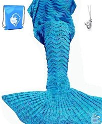 Laghcat Mermaid Tail Blanket Knit Crochet Mermaid Blanket For Adult Oversized Sleeping Blanket Wave Pattern 75"X35.5" Peacock Blue