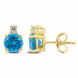 14K Yellow Gold 5MM Round Blue Topaz And Diamond Earrings