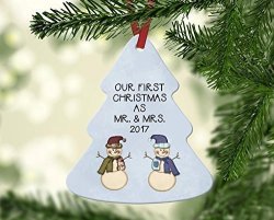 Our First Christmas As Mr. And Mrs. Snowman Ornament - Tree Shaped Christmas Tree Ornament