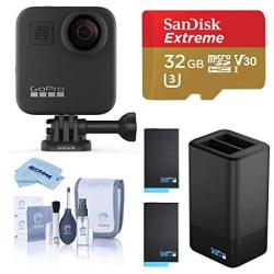 GoPro Max Waterproof 360 Camera + Hero Style Video 5.6K30 Uhd Video 16.6MP Photos Power Bundle With Dual Charger 2 Extra Battery 32GB Microsd Card Cleaning Kit