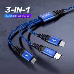 Topk AN24 3-IN-1 Data Cable QC3.0 Fast Charging Data Line For Iphone 12 XS 11PRO MI10 Poco X3 Huawei P30 P40 Pro Oneplus 8PRO - Blue