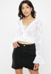 Missguided Broderie Anglais Lace Up Crop Top - White