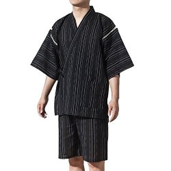 Mens Japanese Pyjama Sets Yukata Jinbei Traditional Kimono Nightwear Stripe Black